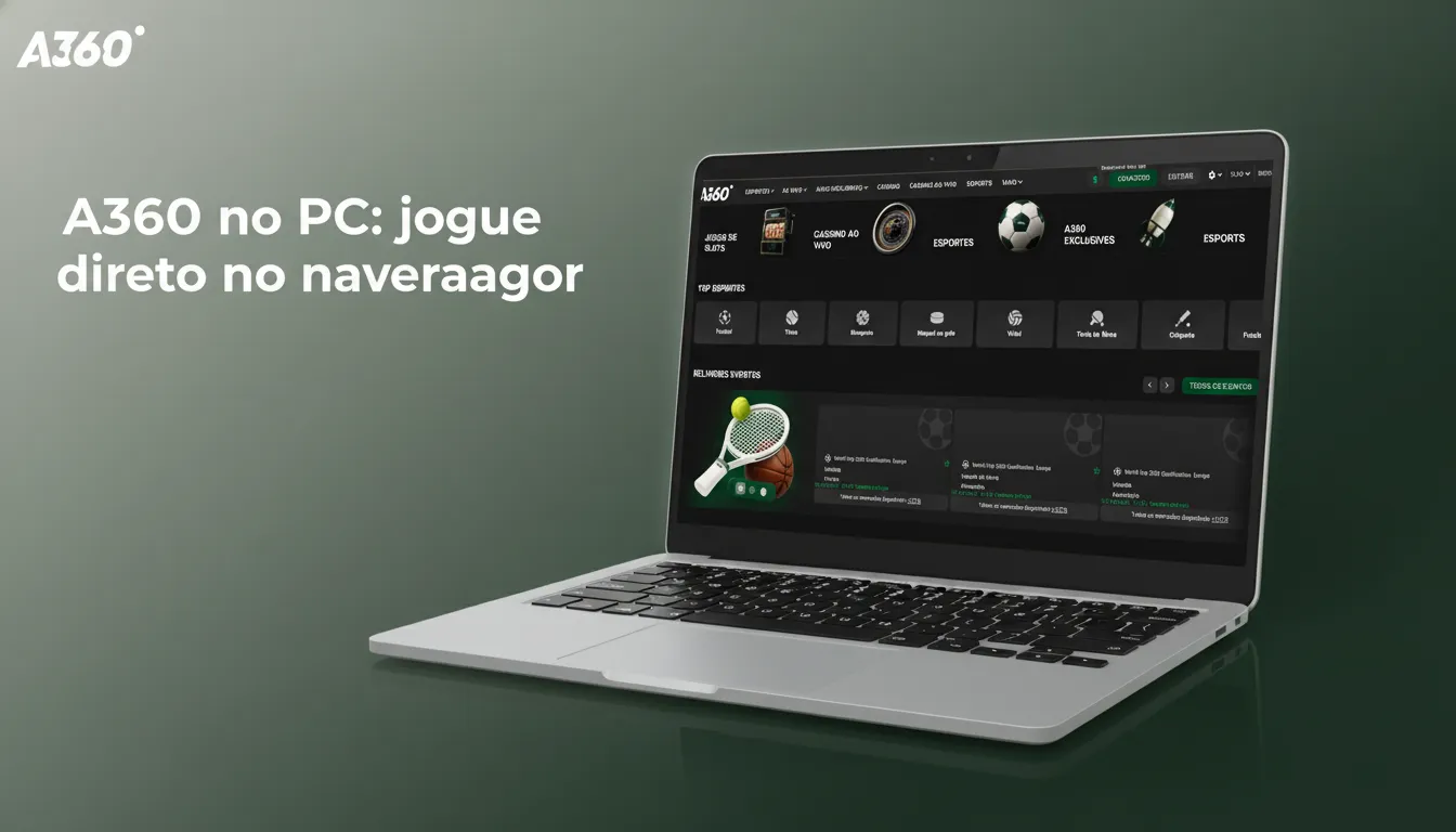 PC mostrando A360 no navegador, com passos de login, depósito via Pix e jogos sem instalar nada.