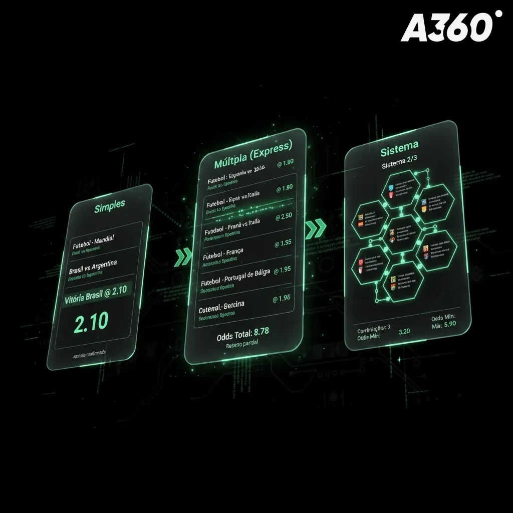 Infográfico Tipos de aposta mais usados: Simples, Múltipla (Express) e Sistema, diferenças de risco e retorno.