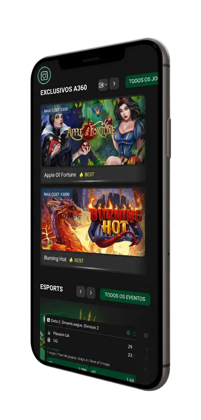 Banner do app A360 para Android (APK) e iOS com suporte a idiomas, Pix, apostas e cassino; APK legal no Brasil.