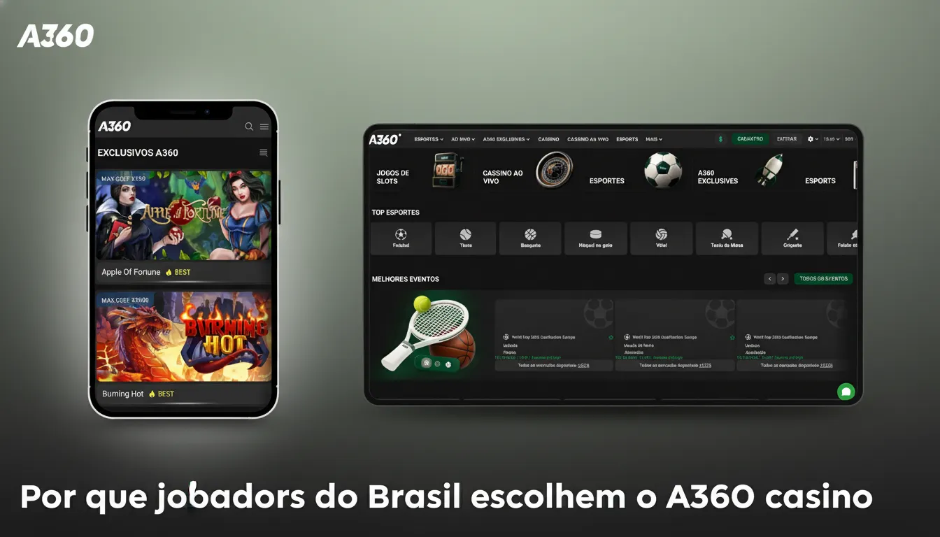 Banner do A360 Casino no Brasil: Pix, bônus claros, jogos populares, suporte 24/7 em português e versão mobile.