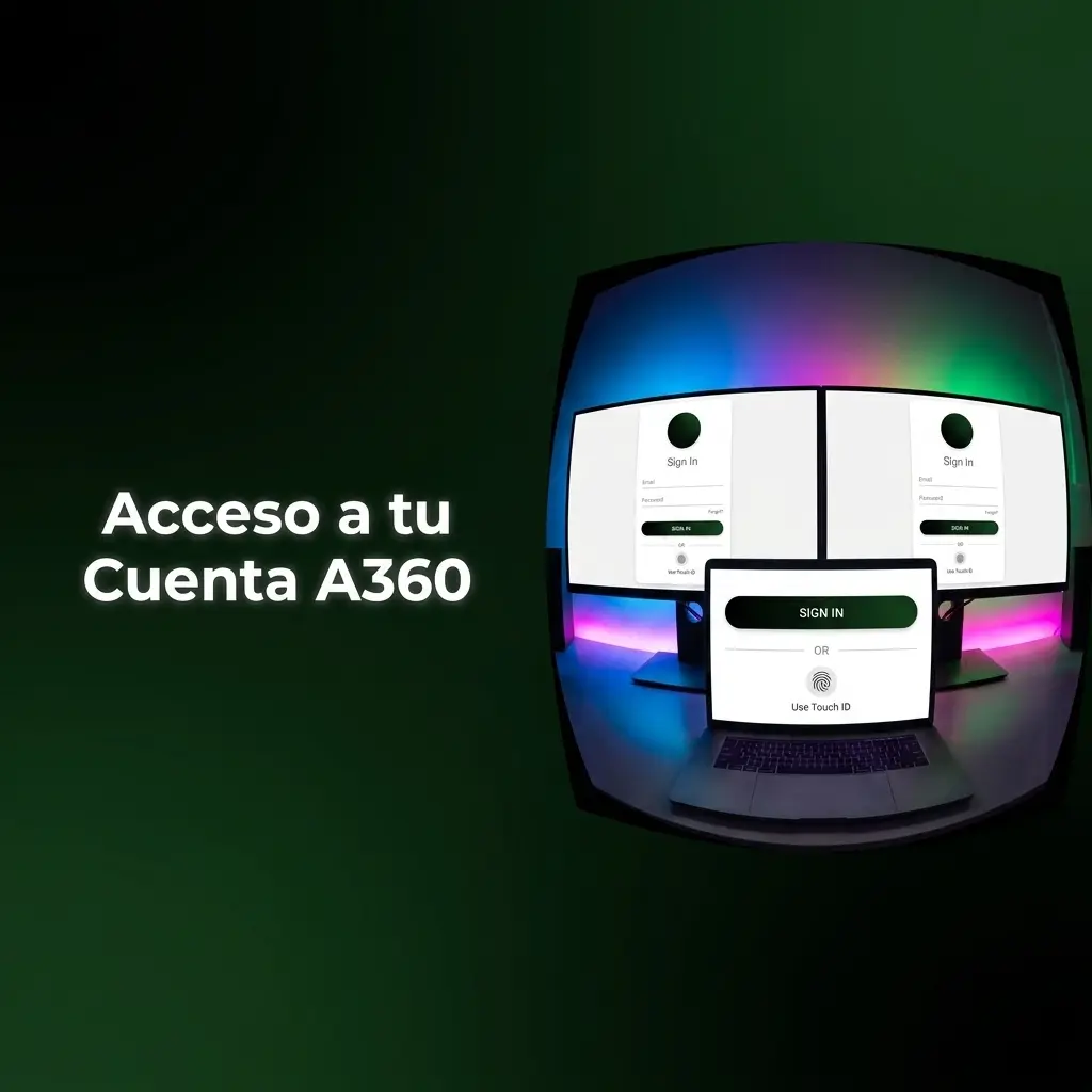 Pantalla de inicio de sesión de cuenta A360 con formulario de correo y contraseña para acceder al panel de usuario