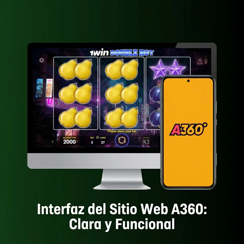 Interfaz del sitio web A360 con barra de navegación superior clara y accesos a apuestas, casino y promociones