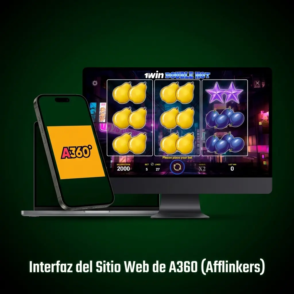 Interfaz del sitio web A360 Afflinkers con barra de navegación de deportes, casino, tragamonedas y promociones en México